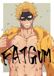  1boy bara bare_pectorals black_mask blonde_hair boku_no_hero_academia bruise collarbone eye_mask fat_gum_(boku_no_hero_academia) grin highres hood hood_down hooded_jacket injury jacket long_sleeves looking_at_viewer male_focus muscular muscular_male pectorals sanpaku short_hair simple_background smile solo tearing_clothes torn_clothes yamato_(pixiv29997945) yellow_jacket 