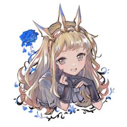  black_gloves blonde_hair blue_flower blue_rose brown_hair cagliostro_(granblue_fantasy) capelet crown female flower gloves granblue_fantasy hairband highres jewelry kuzumiya_yuyu long_hair looking_at_viewer open_mouth rose simple_background solo white_background 