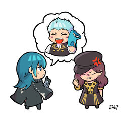  1boy 2girls :d ^_^ anger_vein black_coat black_headwear black_jacket black_skirt black_vest blue_eyes blue_hair byleth_(female)_(fire_emblem) byleth_(fire_emblem) cabbie_hat caspar_von_bergliez chibi clenched_hand clenched_teeth closed_eyes coat commentary_request da-cart dorothea_arnault fire_emblem fire_emblem:_three_houses from_side garreg_mach_monastery_uniform hat highres jacket long_hair multiple_girls open_mouth simple_background skirt skirt_set smile sweat teeth vest white_background 