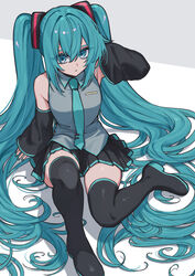  absurdres black_footwear black_skirt blue_eyes blue_hair blue_nails blue_necktie boots commentary detached_sleeves female from_above hair_ornament hand_in_own_hair hatsune_miku highres itou_(very_ito) long_hair looking_at_viewer necktie pleated_skirt sitting skindentation skirt solo thigh_boots thighhighs twintails very_long_hair vocaloid zettai_ryouiki 