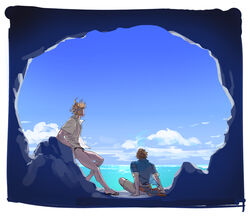  2boys back black_male_swimwear blonde_hair blue_shirt bpadult brown_hair cloud day flip-flops gran_(granblue_fantasy) gran_(summer)_(granblue_fantasy) granblue_fantasy looking_away male_focus male_swimwear multiple_boys official_alternate_costume outdoors sandals seofon_(eternal&#039;s_summer_vacation)_(granblue_fantasy) seofon_(granblue_fantasy) shirt short_hair sitting sky swim_briefs white_male_swimwear white_shirt 