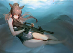  ads_assault_rifle animal_ears assault_rifle bare_shoulders breasts brown_hair cat_ears cat_girl cat_tail cleavage commentary commission competition_swimsuit dark-skinned_female dark_skin english_commentary facial_mark female final_fantasy final_fantasy_xiv gray_bear gun holding holding_gun holding_weapon long_hair looking_at_viewer medium_breasts miqo&#039;te one-piece_swimsuit partially_submerged patreon_logo patreon_username red_eyes rifle slit_pupils solo suppressor swimsuit tail twitter_logo twitter_username warrior_of_light_(ff14) watermark weapon web_address whisker_markings 