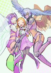  3girls ^_^ ass belt bikini blonde_hair blue_eyes blue_hair blush boots breasts butterfly_hair_ornament butterfly_wings claws closed_eyes closed_mouth commentary covered_eyes covered_mouth digimon digimon_(creature) digimon_frontier facial_mark fairimon feathered_wings floating_hair full_body garter_straps girl_sandwich gloves groin hair_between_eyes hair_ornament hair_wings hairband head-mounted_display high_heels highres insect_wings long_hair looking_at_another mask medium_breasts midriff mouth_mask multiple_girls multiple_persona navel official_alternate_costume open_mouth orimoto_izumi pantyhose parted_bangs purple_belt purple_bikini purple_footwear purple_gloves purple_hair purple_hairband purple_pantyhose purple_shirt purple_skirt ramune_b sandwiched scarf shirt shoulder_pads shutumon sidelocks skindentation skirt skirt_set smile swimsuit teeth thigh_boots upper_teeth_only v wings 