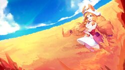  blonde_hair blue_sky breasts cloud crusaders_quest demeter_(crusaders_quest) dress ejami female field hat highres holding long_hair looking_at_viewer open_mouth outdoors red_eyes sheaf sky solo teeth tongue twintails wheat 