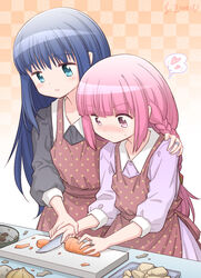  2girls apron black_dress blue_eyes blue_hair braid carrot checkered_background chopping cooking cutting cutting_board dress food hand_on_another&#039;s_shoulder heart highres holding_hands jewelry kitchen_knife knife long_hair magia_record:_mahou_shoujo_madoka_magica_gaiden mahou_shoujo_madoka_magica multiple_girls nanami_yachiyo pink_dress pink_eyes pink_hair polka_dot polka_dot_apron ponytail red_apron ring studiozombie tamaki_iroha yuri 