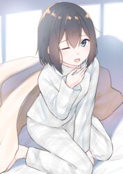  barefoot bed_sheet between_legs black_hair blue_eyes commentary_request female grey_pants grey_shirt hair_between_eyes hand_between_legs hand_up highres long_sleeves one_eye_closed open_mouth original pajamas pants plaid plaid_pajamas plaid_pants plaid_shirt shirt sitting solo suzunari_shizuku waking_up wariza yawning yuki_arare 