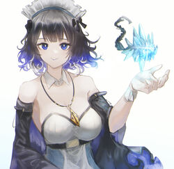  aiv arknights black_hair blue_eyes blue_hair breasts cleavage commentary detached_collar detached_sleeves dress female gradient_hair hand_up jewelry kjera_(arknights) kjera_(ingenious_servant)_(arknights) large_breasts long_sleeves looking_at_viewer maid maid_headdress multicolored_hair official_alternate_costume pendant simple_background smile solo strapless strapless_dress upper_body white_background white_dress 