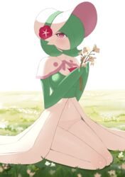  absurdres artist_name backlighting blush bob_cut bonnet breasts capelet closed_mouth clothed_pokemon collarbone colored_skin commentary day female flower gardevoir gardevoir_(fashionable) grass green_hair green_skin hair_over_one_eye hands_up happy hat hat_flower highres holding holding_flower kaos_art kneeling looking_at_viewer medium_breasts multicolored_skin navel on_ground one_eye_covered outdoors own_hands_together panties patreon_username pink_flower pink_trim pokemon pokemon_(creature) pokemon_unite red_eyes seiza short_hair sitting smile solo stomach two-tone_skin underwear watermark white_capelet white_flower white_hat white_panties white_skin 