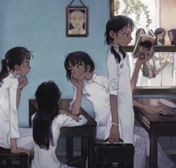  6+girls black_hair book briefcase classroom comb commentary dark_skin desk dress english_commentary feason hajime_no_ippo highres ho_chi_minh holding holding_book indoors long_hair makunouchi_ippo multiple_girls original pencil_case ponytail reading school_desk school_uniform short_hair twintails vietnam vietnamese_dress vietnamese_high_school_uniform white_dress 