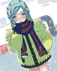  1boy :d blue_mittens blue_scarf bottomless commentary_request day green_eyes green_hair grusha_(pokemon) hand_in_pocket hand_up highres jacket looking_at_viewer lower_teeth_only male_focus medium_hair mittens open_mouth outdoors poke_ball_print pokemon pokemon_sv scarf smile snowing solo striped_clothes striped_scarf teeth yellow_jacket zerogiga 