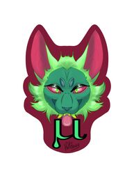  absurd_res ambiguous_gender anthro badge domestic_cat felid feline felis fur green_body green_eyes green_fur green_skin hi_res lykoi mammal rattdawg red_background red_eyes simple_background solo 