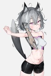  :&lt; animal_ear_fluff animal_ears bike_shorts black_shorts blush breasts closed_mouth commission covered_nipples cowboy_shot crop_top cross-body_stretch female fox_ears godekasu grey_background grey_hair highres jaana_kettu looking_at_viewer mechanical_arms medium_breasts motion_lines navel original prosthesis prosthetic_arm purple_eyes second-party_source short_hair shorts simple_background skin_tight solo standing stretching tail tail_raised 