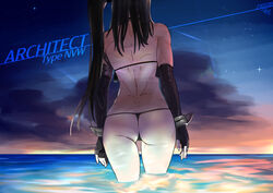  absurdres architect_(girls&#039;_frontline) architect_(nvw_model)_(girls&#039;_frontline) ass asymmetrical_gloves back bare_shoulders bikini black_bikini black_gloves black_hair caustics character_name dusk elbow_gloves female fingerless_gloves from_behind girls&#039;_frontline gloves highres horizon long_hair night night_sky ocean one_side_up partially_fingerless_gloves radish_p sangvis_ferri sky solo standing star_(sky) swimsuit thighs thong thong_bikini very_long_hair wading walking water wrist_cuffs 