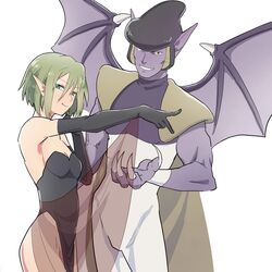  1boy black_dress black_gloves breasts claws closed_mouth colored_skin cynne dress female gloves green_hair highres lavarre looking_at_viewer monster pointy_ears purple_skin rusinomob short_hair simple_background smile star_ocean star_ocean_the_second_story white_background wings 