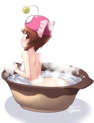  anglerfish_costume artist_name ass bath bathing bathtub blush breasts brown_hair closed_mouth commentary_request dated female girls_und_panzer hat highres kuzuryuu_kennosuke large_breasts looking_at_viewer looking_back nishizumi_miho nude shiny_skin short_hair shoulder_blades simple_background solo white_background 