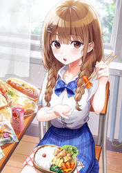  :o bento blue_bow blue_skirt blush bow bowtie braid bread breasts brown_eyes brown_hair chair chopsticks collarbone collared_shirt commentary_request cowboy_shot curtains day desk drinking_straw feeding female food food_art fruit furoshiki hair_ornament hair_over_shoulder hairclip highres holding holding_chopsticks incoming_food indoors juice_box large_breasts light_particles long_hair looking_at_viewer lunchbox omelet original photoshop_(medium) plaid plaid_bow plaid_skirt rangu rice school_chair school_desk school_uniform see-through shirt short_sleeves sidelocks sitting skirt solo strawberry_milk tako-san_wiener tamagoyaki tempura twin_braids umeboshi white_shirt window wooden_floor x_hair_ornament 