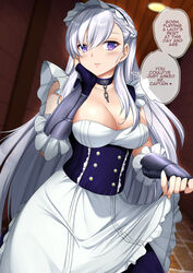  apron apron_lift azur_lane belfast_(azur_lane) blue_dress blush braid breasts chains cleavage clothes_lift collar collarbone commentary dress english_commentary english_text female french_braid frilled_gauntlets gauntlets grey_hair hair_between_eyes hand_on_own_cheek hand_on_own_face indoors looking_at_viewer maid_headdress medium_breasts open_mouth purple_eyes sheita solo swept_bangs waist_apron 