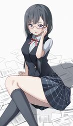  adjusting_eyewear aftamc black_hair blush braid breasts commentary female glasses grey_eyes highres kneehighs looking_at_viewer love_live! love_live!_nijigasaki_high_school_idol_club medium_breasts nakagawa_nana nijigasaki_school_uniform paper red-framed_eyewear school_uniform semi-rimless_eyewear sidelocks sitting socks summer_uniform symbol-only_commentary twin_braids under-rim_eyewear yuki_setsuna_(love_live!) 