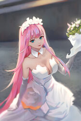  absurdres bare_shoulders bouquet breasts bride cleavage commentary darling_in_the_franxx dated_commentary detached_collar dress elbow_gloves english_commentary female gloves green_eyes headdress highres holding holding_bouquet large_breasts long_hair looking_at_viewer pat_bharasarn pink_hair red_lips solo strapless strapless_dress very_long_hair wedding_dress white_dress white_gloves zero_two_(darling_in_the_franxx) 