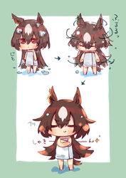  after_bathing animal_ears arrow_(symbol) border brown_hair chibi closed_mouth commentary_request crossed_arms ear_ornament female full_body green_border hair_between_eyes highres horse_ears horse_girl horse_tail long_hair mihasame multicolored_hair multiple_views naked_towel red_eyes shaking_head simple_background sirius_symboli_(umamusume) streaked_hair tail towel umamusume very_long_hair water wet wet_hair white_background white_hair white_towel 