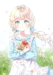  :o apron bangs blonde_hair blue_bow blue_eyes blue_shirt blue_skirt blush bow brown_flower collarbone commentary commission english_commentary eyebrows_visible_through_hair female floating_hair flower frilled_apron frilled_shirt frills hairbow long_hair long_sleeves looking_at_viewer low_twintails object_hug original parted_lips petals qlakwnd red_flower red_rose rose shirt skirt solo sparkle twintails very_long_hair white_apron white_background white_flower 