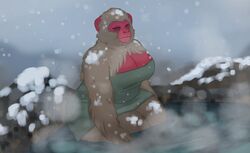  anthro bathing breasts cleavage closed_eyes clothed clothing deermary elderly_female female fur green_towel grey_body grey_fur haplorhine hot_spring japanese_macaque legs_in_water macaque mammal mature_female monkey old old_world_monkey overweight overweight_female partially_submerged pink_body pink_skin primate solo steam thick_thighs tired_eyes towel towel_only water wide_hips 