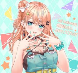  aqua_eyes aqua_nails belt black_choker blonde_hair breasts choker cleavage earrings female hair_bun hozumiya_(hozumi8) igarashi_rika igarashi_rika_(1st_costume) jewelry long_hair multicolored_hair nijisanji o-ring o-ring_choker single_side_bun streaked_hair virtual_youtuber white_hair yellow_belt 