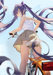  absurdres alternate_costume ass beads bicycle blue_sky blurry blurry_foreground breasts brown_skirt camisole casual cone_hair_bun contemporary cruiser_bicycle day double_bun duzizai female foreshortening frilled_shirt frills fringe_trim from_behind from_below genshin_impact hair_beads hair_bun hair_ornament hair_ribbon handlebar highres keqing_(genshin_impact) long_hair looking_at_viewer looking_back medium_breasts miniskirt outdoors parted_lips purple_eyes purple_hair purple_ribbon ribbon shirt shoulder_blades sitting skirt sky sleeveless sleeveless_shirt solo sunlight thighs white_camisole white_shirt 