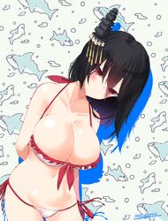  absurdres arms_behind_back artist_name bare_shoulders bikini black_hair breasts cleavage cowboy_shot female hair_ornament highres kantai_collection large_breasts looking_at_viewer momimaki navel official_alternate_costume red_eyes shark short_hair solo swimsuit white_bikini yamashiro_(kancolle) yamashiro_(swimsuit_mode)_(kancolle) 