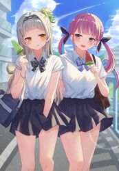  2girls :d :q absurdres alternate_costume bag black_bow black_bowtie black_skirt blue_bow blue_bowtie blue_hair bow bowtie braid breasts cloud commentary day feet_out_of_frame food grey_hair hair_ornament highres holding holding_food hololive long_hair looking_at_another medium_breasts mei_am0 minato_aqua multiple_girls murasaki_shion outdoors pink_eyes pink_hair pleated_skirt popsicle school_uniform shirt shoulder_bag sideways_glance skirt smile standing striped_bow striped_bowtie striped_clothes tongue tongue_out twintails virtual_youtuber white_shirt yellow_eyes 