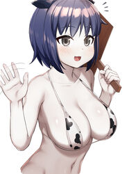  absurdres animal_ears animal_print bikini black_eyes blue_hair blush breasts cleavage colored_skin commentary_request cookie_(touhou) cow_ears cow_print cow_print_bikini cowboy_shot cropped_torso female highres holding holding_sign large_breasts looking_at_viewer milk_(cookie) murasa_minamitsu navel notice_lines open_mouth print_bikini revision short_hair sign simple_background sinzen smile solo swimsuit touhou waving white_background white_skin 