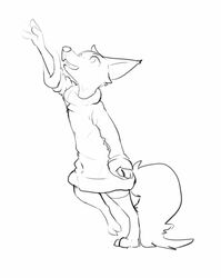  anthro canid canine clothed clothing female fox fur hi_res mammal monochrome open_mouth open_smile reaching simple_background smile solo white_background zhanbow 