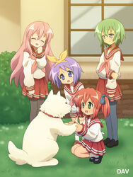  3:4 bottomwear canid canine canis cherry_(lucky_star) closed_eyes clothing dav-19 domestic_dog eyewear female glasses grass green_eyes group hair hi_res human lucky_star mammal minami_iwasaki miyuki_takara open_mouth plant purple_hair red_bottomwear red_clothing red_skirt school_uniform short_hair skirt standing tsukasa_hiiragi uniform yutaka_kobayakawa 