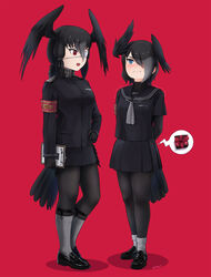  2girls arm_at_side armband arms_behind_back beleven bird_girl bird_tail bird_wings black_hair black_pantyhose black_serafuku blue_eyes blush box closed_mouth ear_blush eyepatch full_body gift gift_box grey_hair hair_between_eyes hair_over_one_eye hand_on_own_hip head_wings height_difference highres holding holding_notepad jacket jungle_crow_(kemono_friends) kemono_friends layered_sleeves legwear_garter long_bangs long_sleeves looking_at_another looking_up md5_mismatch medical_eyepatch medium_hair miniskirt multicolored_hair multiple_girls nervous notepad one_eye_covered open_mouth paid_reward_available pantyhose pleated_skirt red_background red_eyes sailor_collar school_uniform serafuku shirt shoes short_over_long_sleeves short_sleeves simple_background skirt smile socks socks_over_pantyhose standing tail trembling turtleneck turtleneck_jacket two-tone_hair uniform valentine wings yatagarasu_(kemono_friends) yuri 