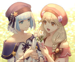  2girls akke blonde_hair blue_eyes blue_hair bow braid brown_eyes closed_mouth faye_(fire_emblem) faye_(valentine)_(fire_emblem) fire_emblem fire_emblem_echoes:_shadows_of_valentia fire_emblem_heroes flower hairbow hat holding long_hair multiple_girls open_mouth short_hair silque_(fire_emblem) silque_(valentine)_(fire_emblem) smile twin_braids upper_body 