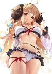  ahoge anila_(granblue_fantasy) anila_(summer)_(granblue_fantasy) bikini blonde_hair breasts chiro_(norishiro_michiro) draph female front-tie_bikini_top front-tie_top granblue_fantasy highres horns large_breasts long_hair looking_at_viewer official_alternate_costume ribbon ribbon-trimmed_bikini sheep_horns short_eyebrows simple_background solo swimsuit thick_eyebrows white_background yellow_eyes 