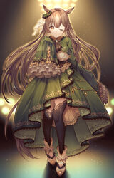  ;o animal_ears ascot backlighting bad_id bad_pixiv_id black_thighhighs braid breasts brown_ascot brown_eyes brown_hair commentary_request cropped_jacket ear_ornament ear_ribbon female frilled_sleeves frills full_body green_jacket green_skirt hair_between_eyes half_updo hand_up highres horse_ears horse_girl horse_tail jacket lace-trimmed_skirt lace_trim large_breasts light_particles long_hair long_sleeves looking_at_viewer one_eye_closed parted_lips satono_diamond_(umamusume) shirt shoes skirt sleeves_past_fingers sleeves_past_wrists solo spotlight standing tail thighhighs umamusume underbust very_long_hair white_footwear white_shirt yue_(lov_n_n) 