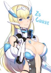  blonde_hair blue_eyes breasts cleavage cyborg di_allez_series female hairband headgear index_finger_raised joints looking_at_viewer mecha_musume medium_breasts navel phantasy_star phantasy_star_online_2 phantasy_star_online_2_new_genesis robot_joints smile solo upper_body user_zcet3538 