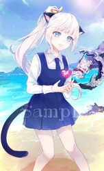  &gt;_&lt; 2girls :d animal_ears beach blade_&amp;_soul blue_dress blue_eyes blue_necktie blue_sky blush bow cat_ears cat_girl cat_tail character_request chibi closed_eyes cloud cloudy_sky collared_shirt commentary_request crescent day double_bun dress elbow_gloves gloves hair_bun hair_ribbon heart high_ponytail long_hair long_sleeves multiple_girls necktie ocean official_art open_mouth outdoors pinafore_dress pleated_dress ponytail red_bow ribbon sample_watermark sand shirt sky sleeveless sleeveless_dress smile standing strapless strapless_dress swing tail water watermark wavy_mouth white_dress white_gloves white_hair white_shirt yellow_ribbon yuizayomiya 