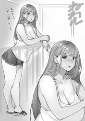  bare_shoulders breasts cigarette cleavage commentary female greyscale holding holding_cigarette large_breasts leaning_forward long_hair mature_female monochrome neone open_mouth original railing short_shorts shorts slippers standing tank_top thighs translated white_tank_top 