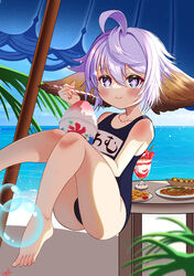  ahoge beach blue_eyes blue_hair blush bubble chero clothing cygames dessert feet female food granblue_fantasy hair harvin hi_res humanoid ice_cream levitation sea seaside short_hair short_stack sky solo swimwear umbrella wamdus_(granblue_fantasy) water 