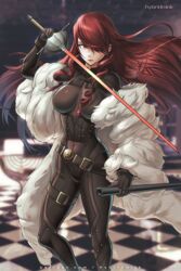  artist_name belt black_bodysuit black_gloves bodysuit breasts checkered_floor covered_navel female framed_breasts gloves hair_over_one_eye holding holding_weapon hybridmink impossible_bodysuit impossible_clothes kirijou_mitsuru large_breasts long_hair persona persona_3 persona_4:_the_ultimate_in_mayonaka_arena rapier red_eyes red_hair sheath skin_tight solo standing sword thigh_strap tile_floor tiles very_long_hair weapon yellow_eyes 