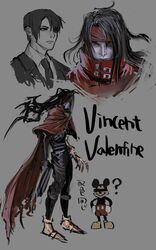  3boys clawed_gauntlets cloak disney final_fantasy final_fantasy_vii formal gun headband highres leather long_hair messy_hair mickey_mouse multiple_boys necktie pale_skin pointed_footwear rapio red_cloak red_eyes red_headband revolver short_hair suit torn_clothes vincent_valentine weapon 