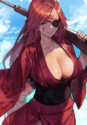  amputee baiken breasts cleavage cloud cloudy_sky eyepatch facial_mark facial_tattoo female floral_print_kimono forehead_tattoo guilty_gear guilty_gear_strive guilty_gear_strive_x_tower_records gun holding holding_gun holding_weapon hungry_clicker japanese_clothes kimono large_breasts long_hair long_sleeves looking_at_viewer one-eyed outdoors parted_bangs parted_lips pink_lips red_eyes red_hair red_kimono rifle scar scar_across_eye scar_on_face sky sleeves_past_wrists smile solo tattoo tower_records weapon wide_sleeves yukata 