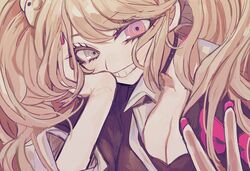  bear_hair_ornament black_choker blonde_hair blue_eyes blush bow breasts choker cleavage danganronpa:_trigger_happy_havoc danganronpa_(series) enoshima_junko female grin hair_ornament hand_on_own_cheek hand_on_own_face hands_up highres kara_aren long_hair looking_at_viewer nail_polish shirt smile solo teeth twintails 