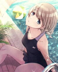  absurdres bare_arms bare_legs black_one-piece_swimsuit black_skirt blue_eyes braid breasts casual_one-piece_swimsuit collarbone female grey_hair head_tilt highres idolmaster idolmaster_shiny_colors kusaka_io looking_at_viewer miniskirt one-piece_swimsuit pleated_skirt pool_ladder poolside serizawa_asahi sitting skirt small_breasts solo sparkle swimsuit swimsuit_skirt 