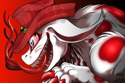  2018 absurd_res claws clothing colored_nails dragonfoxgirl female fennah fur hat headgear headwear hi_res kivouackian lucy_lacemaker nails nightmare_fuel open_mouth red_body red_fur satellite_city sharp_teeth solo spots teeth white_body white_fur 