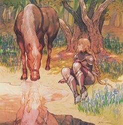  animal armor armored_boots blonde_hair blue_flower bluebell_(flower) boots braid breastplate elf fantasy female field flower flower_field forest grass highres horse kuroimori long_hair looking_to_the_side nature on_ground original outdoors pointy_ears reflection shoulder_armor sitting solo tree twin_braids water 