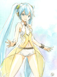  aqua_eyes aqua_hair bare_shoulders commentary cowboy_shot crop_top epoxy_putty female hair_tie hatsune_miku headphones long_hair looking_at_viewer midriff navel necktie painting_(medium) project_diva_(series) shirt short_necktie short_shorts shorts sleeveless sleeveless_shirt smile solo standing traditional_media twintails very_long_hair vocaloid watercolor_(medium) white_necktie white_shirt white_shorts wrist_cuffs yellow_(vocaloid) 