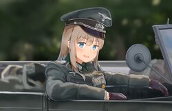  blonde_hair blue_eyes blurry blurry_background breast_pocket car commentary epaulettes female germany gloves hat highres insignia leather leather_gloves long_hair looking_at_viewer military military_hat military_uniform motor_vehicle open_mouth original peaked_cap pocket sidelocks smile solo unicron_(brous) uniform world_war_ii 